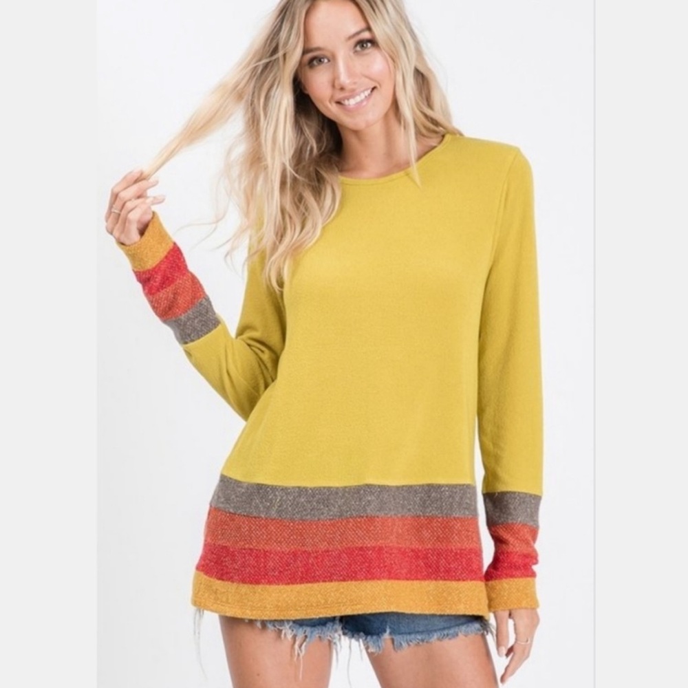 (M-8/10) Mustard sweater w/ striped sleeves & hem - Picture 3 of 8